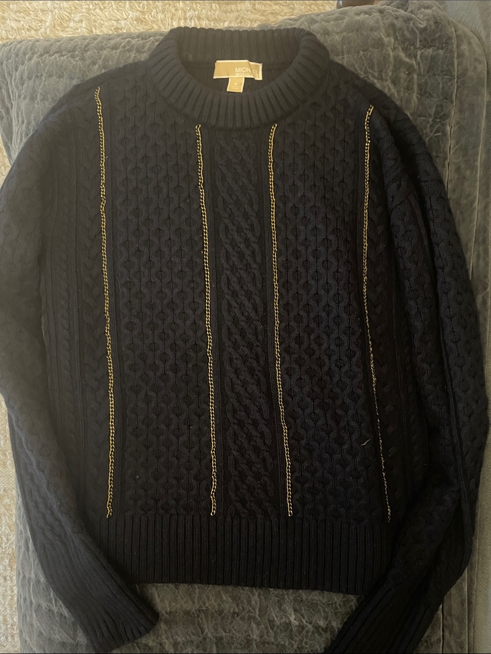 Michael Kors Navy Crewneck Cable Knit Sweater with Gold Stripe Detail
